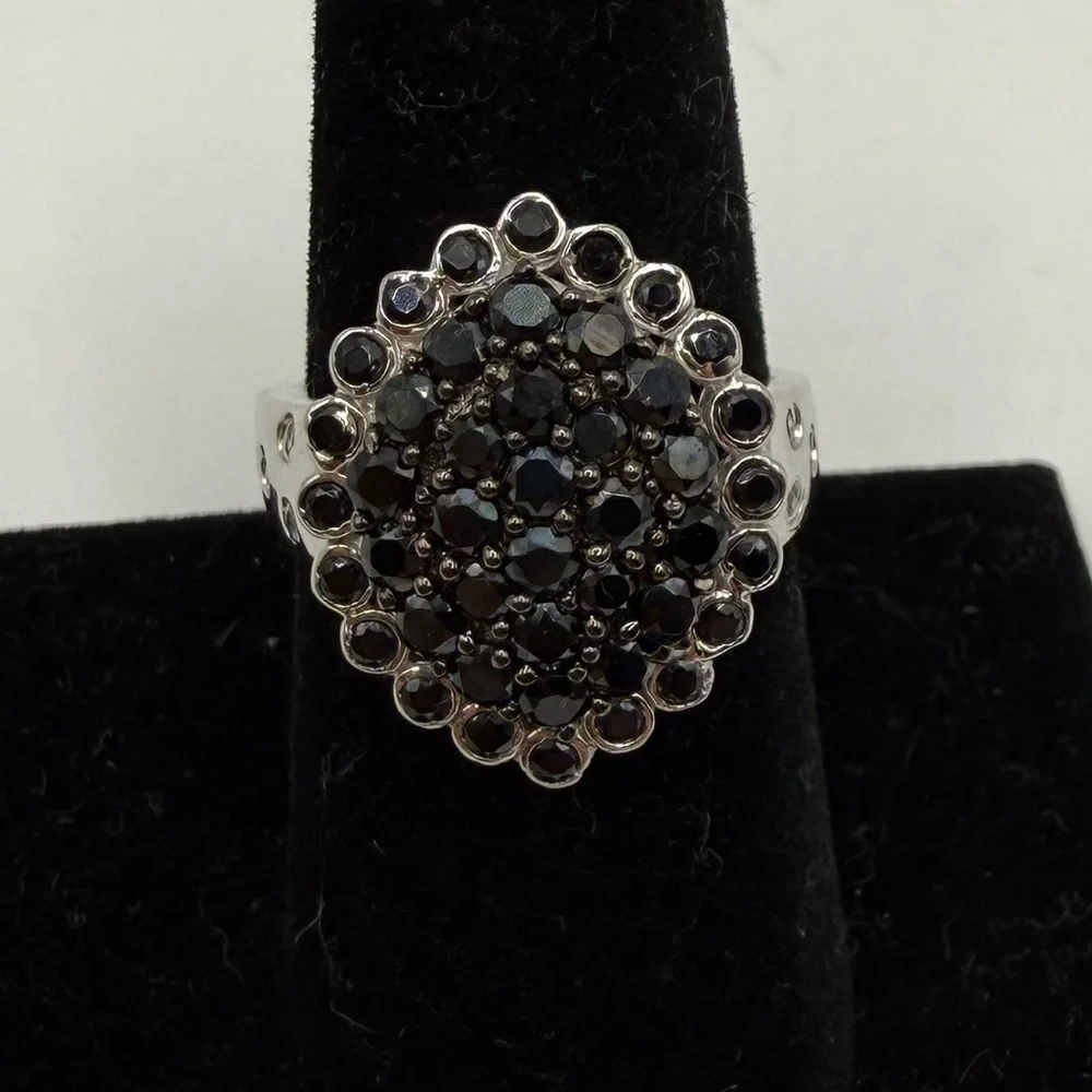 Bold Black Pavé Crystal Ring 925 Sterling Silver Size 7.5
